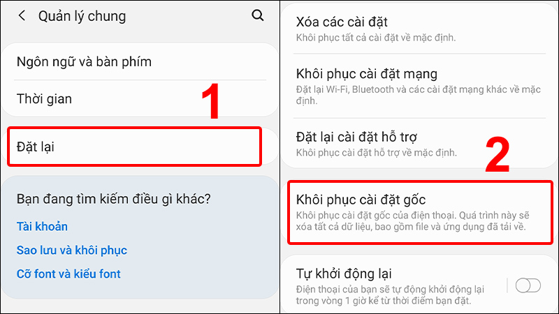 Nhấn vào Đặt lại và chọn Khôi phục cài đặt gốc