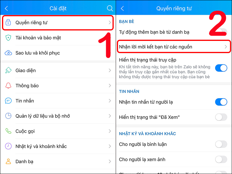 Cài đặt Quyền riêng tư trong ứng dụng Zalo