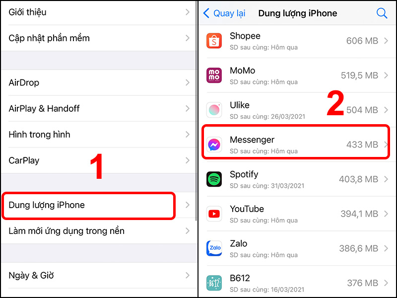 Vào Dung lượng iPhone và chọn ứng dụng Messenger.