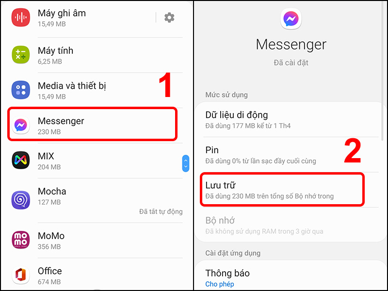 Chọn ứng dụng Messenger và nhấn vào Lưu trữ.