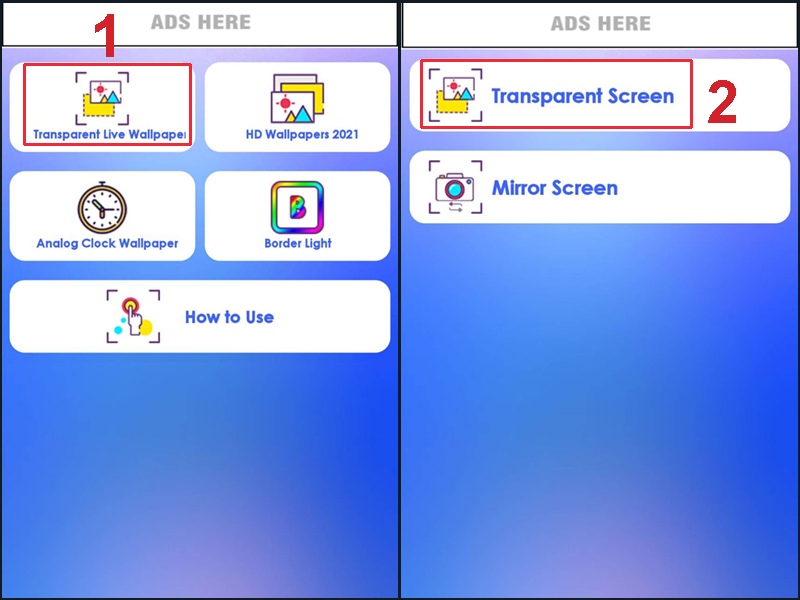 Chọn Transparent Screen để cài đặt màn hình trong suốt cho điện thoại