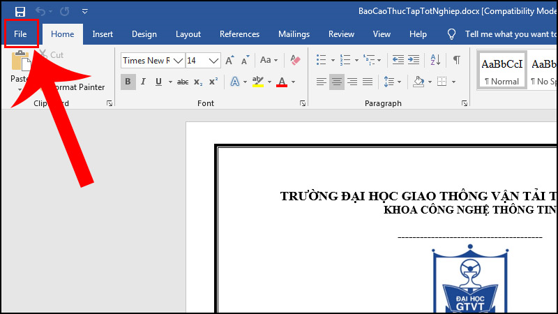 Bước 1: Bạn mở file word cần chuyển sang PDF, click vào File.