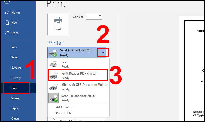 Bước 2: Chọn Print > Trong mục Printer chọn nút mũi tên để hiển thị danh sách chọn > Chọn Foxit Reader PDF Printer/ Microsoft Print to PDF.