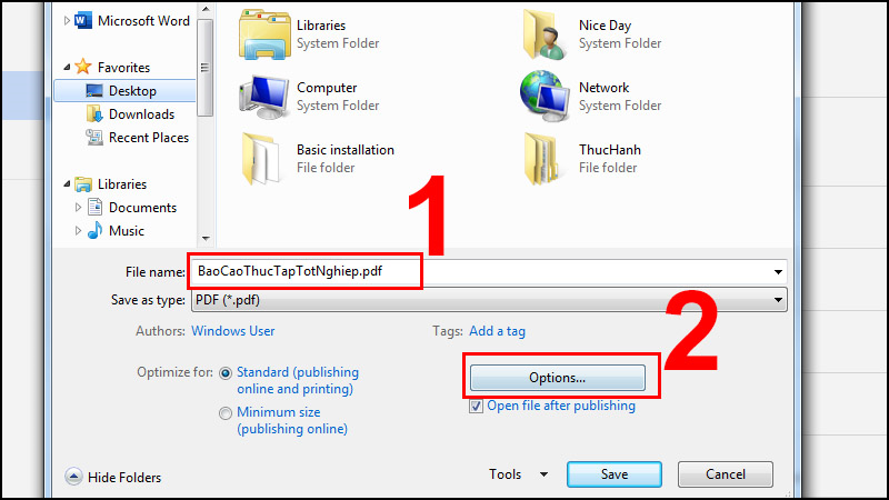 Bước 3: Trong hộp thoại mới mở ra, bạn hãy đặt tên cho file PDF > Nhấn vào Option.