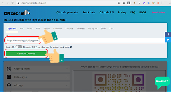 Nhập website bạn muốn tạo QR Code