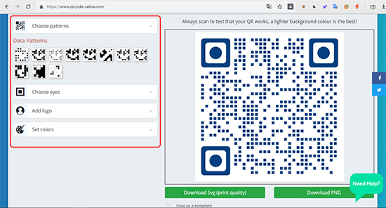 Tiếp đến bạn c&oacute; thể thoải m&aacute;i lựa chọn họa tiết, kiểu d&aacute;ng, m&agrave;u sắc cho m&atilde; QR.