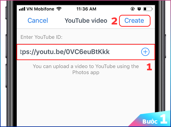 Bước 1: Các bạn quay lại phần mềm tạo QR, sau đó dán link video vừa copy vào ô Youtube ID. Sau đó nhấn Create (tạo)