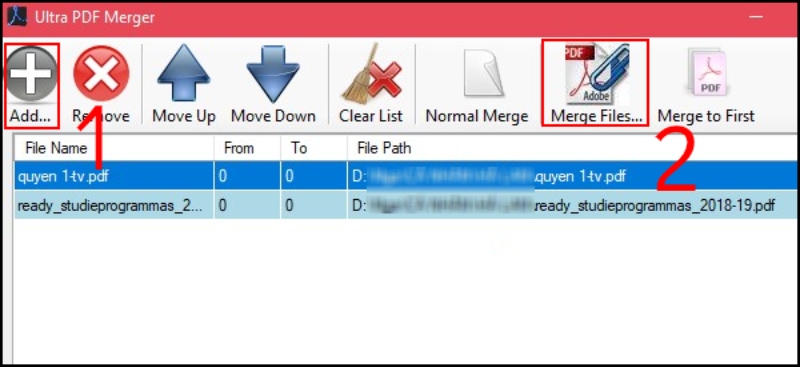 Mở Ultra PDF Merger và chọn Add để thêm file vào