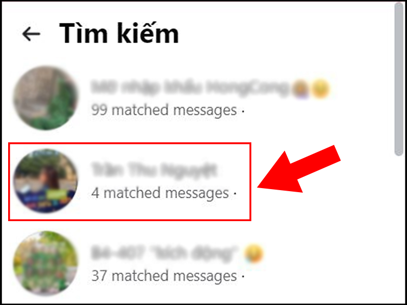 Chọn tài khoản có đoạn hội thoại chứa nội dung tin nhắn mà bạn cần tìm