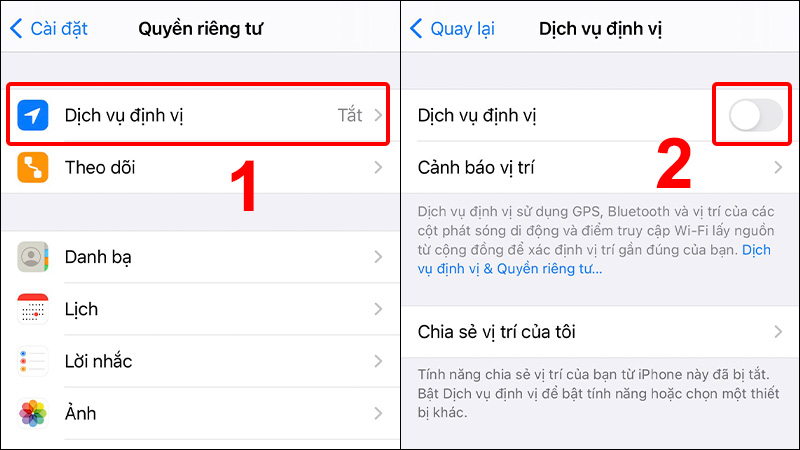 Vào Dịch vụ định vị và gạt sang phải để kích hoạt dịch vụ
