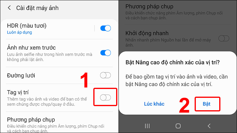 Bật Tag vị trí và để nâng cao độ chính xác của vị trí, nhấn Bật