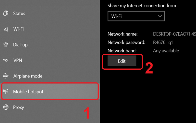Truy cập v&agrave;o Mobile hotspot trong phần Settings của m&aacute;y t&iacute;nh Windows