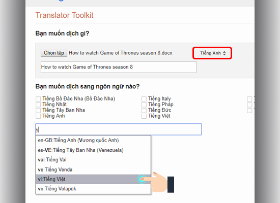  Chọn ngôn ngữ của tài liệu