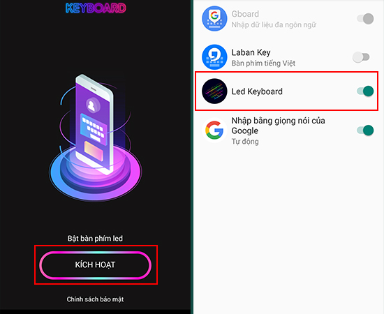 Bước 2: Chọn KÍCH HOẠT và bật Led Keyboard lên.