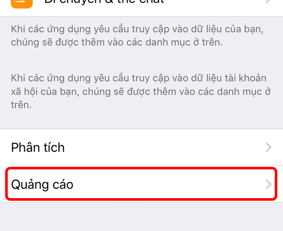 Bước 2: Tại giao diện của Quyền riêng tư, bạn chọn tiếp vào mục Quảng cáo.