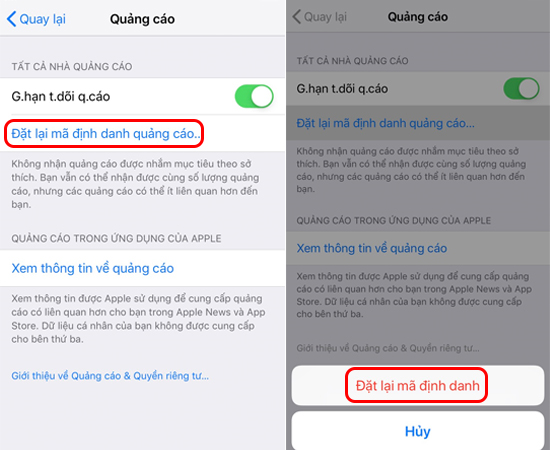 Bước 4: Cuối cùng bạn chọn Đặt lại mã định danh quảng cáo, sau đó chọn Đặt lại mã định danh để xác nhận việc tắt quảng cáo trên iPhone nhé.