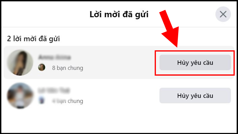 Huỷ lời mời kết bạn đã gửi đi