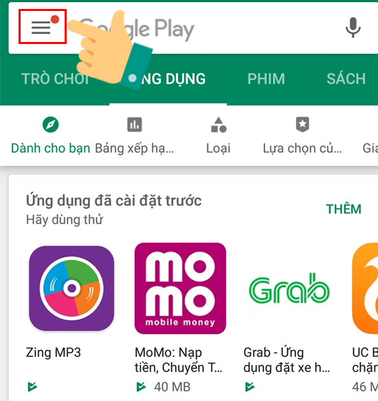 biểu tượng 3 dấu gạch ngang bên trên góc của màn hình