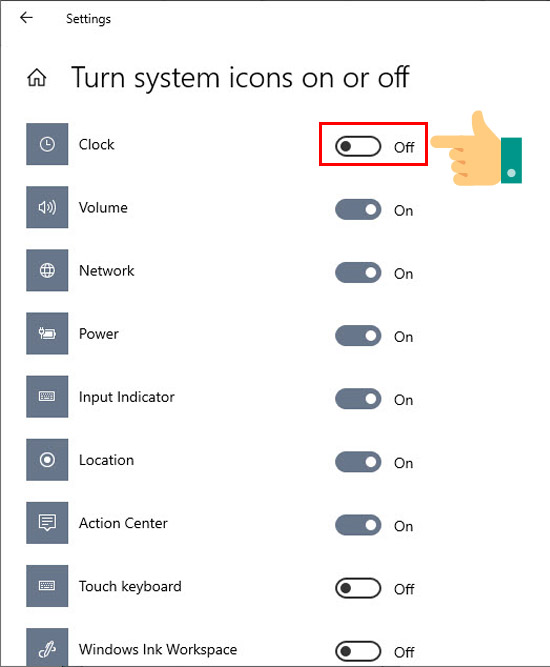màn hình Turn system icons on or off 