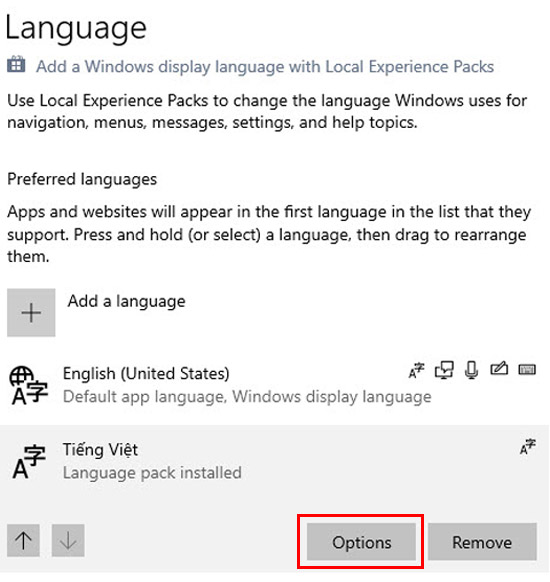 bấm nút Options