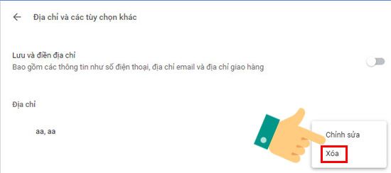 Xóa để loại bỏ địa chỉ khỏi trình duyệt Chrome