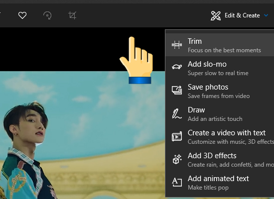 Nhấn chọn biểu tượng hai cây viết chéo màu trắng(EDIT & CREAT)--> chọn Trim.