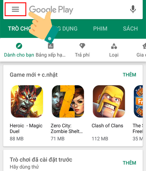 biểu tượng ba gạch ở góc trên bên trái giao diện