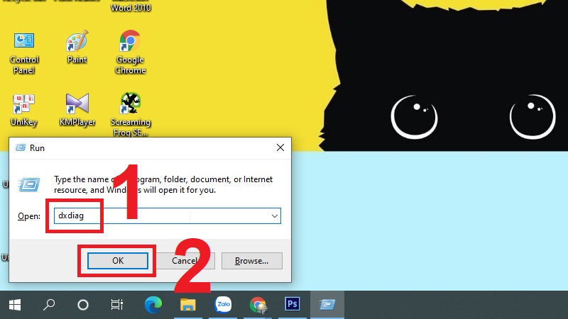 Gõ lệnh “dxdiag” trong hộp thoại Run rồi nhấn OK