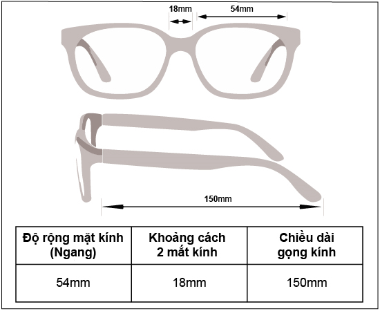 Từ các thông số được in trên càng kính, ta sẽ suy ra được kích thước thực của một chiếc kính