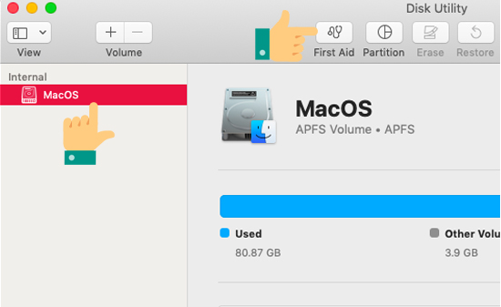 Tại Disk Utility, bạn hãy chọn ổ cứng cần kiểm tra  click chọn First Aid