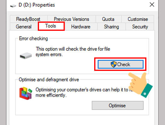 chọn tab Tools và nhấp vào nút Check