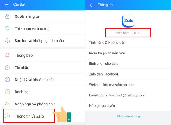 yêu cầu bản Android Zalo phiên bản 19.09.01