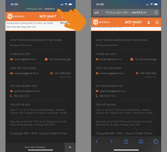​Bấm vào địa chỉ URL trang web để xuất hiện lại thanh thông công cụ