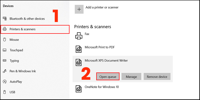 Nhấn chuột phải vào Tên máy in bạn đang sử dụng ở phần Printers & Scanners  Chọn Open Queue.
