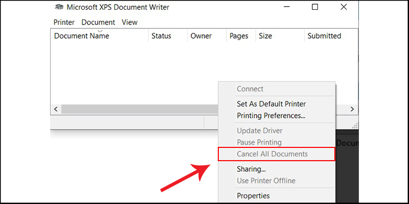 Chọn Cancel All Document để hủy lệnh in.