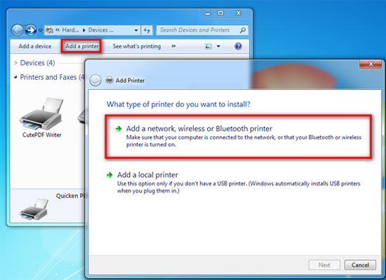 Chọn Add a network, wireless or Bluetooth printer 