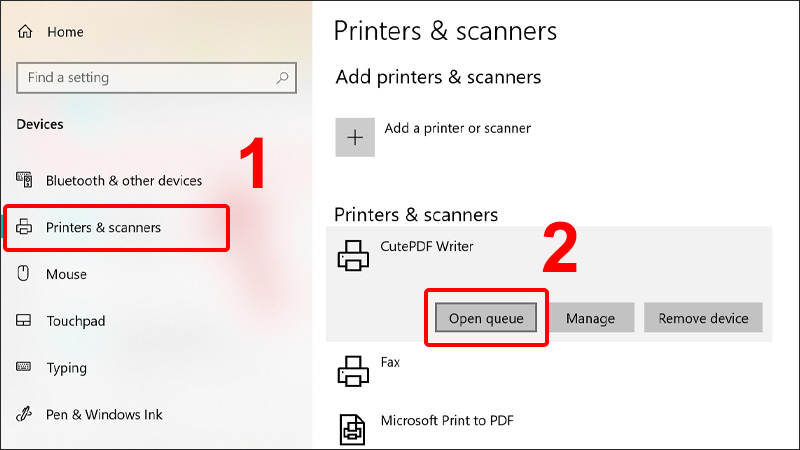 Chọn tab Printers & scanner và chọn Open queue ở máy in đang sử dụng