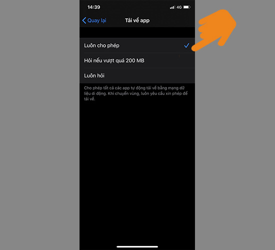Bạn có thể chọn những thông báo khi ứng dụng vượt 200 MB