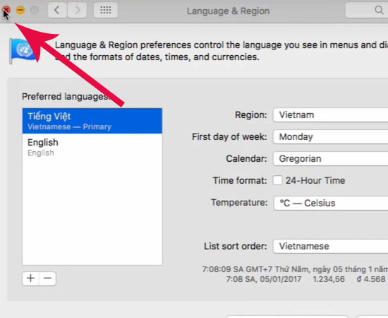 tắt cửa sổ Language & Region