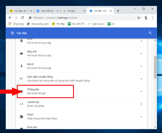 Chọn mục Thông báo