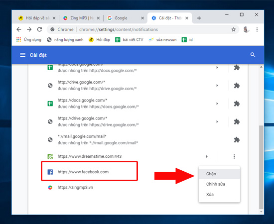 Chọn Chặn cuối đường link để tắt thông báo