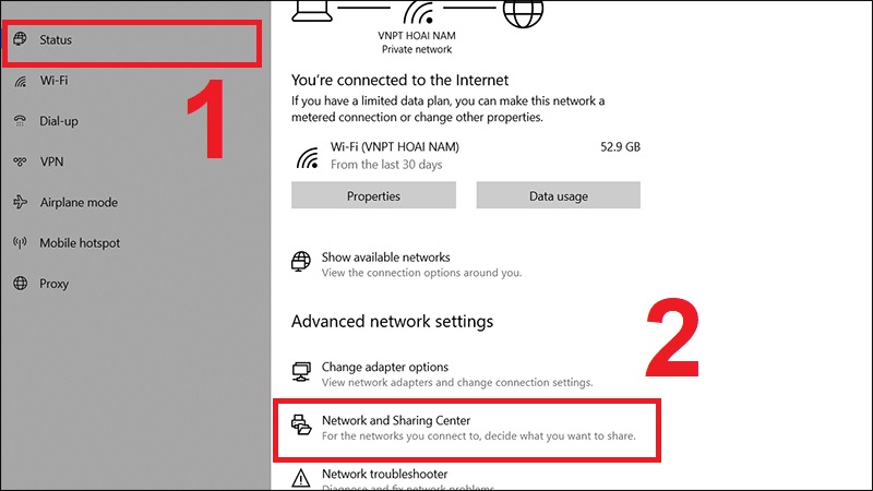 Vào Network and Sharing Center