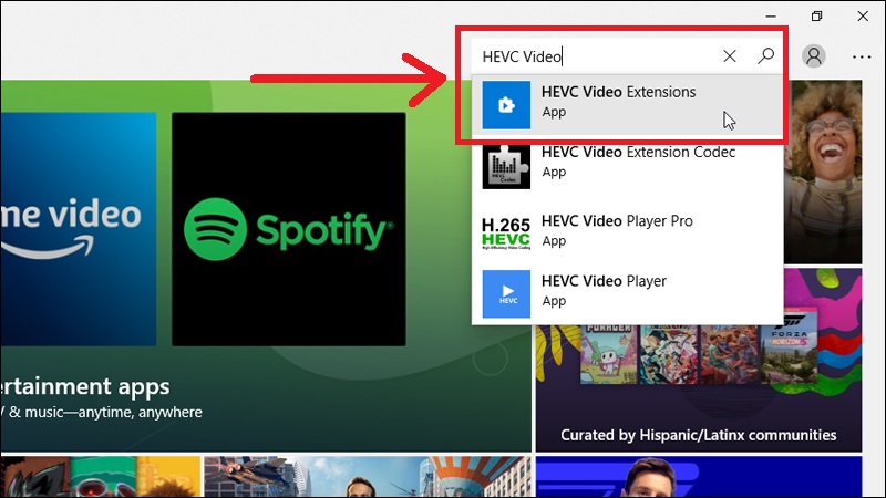 Nhấn tìm và chọn HEVC Video Extensions trên Microsoft App Store