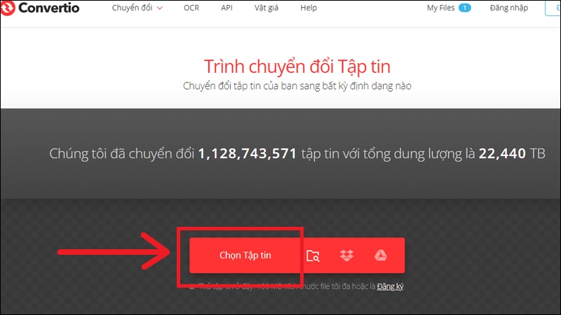 Truy cập website của Convertio rồi nhấn Chọn Tập tin