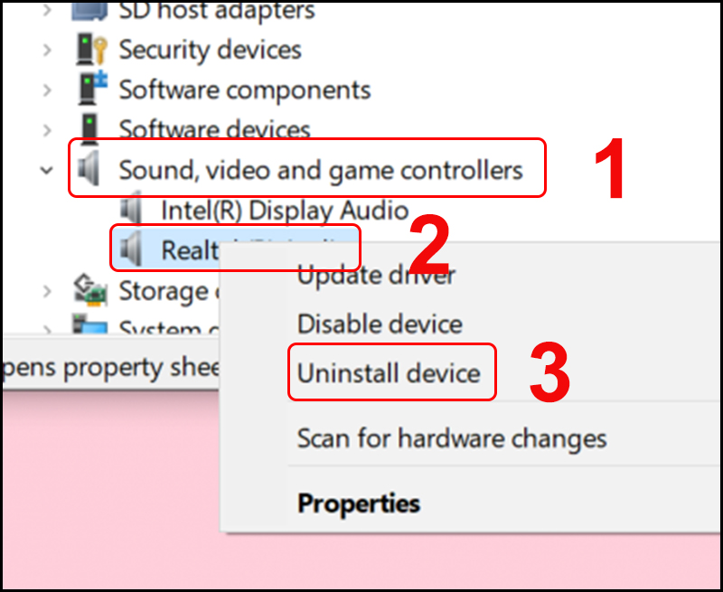 Chọn Uninstall device tại mục Sound, video and game controllers