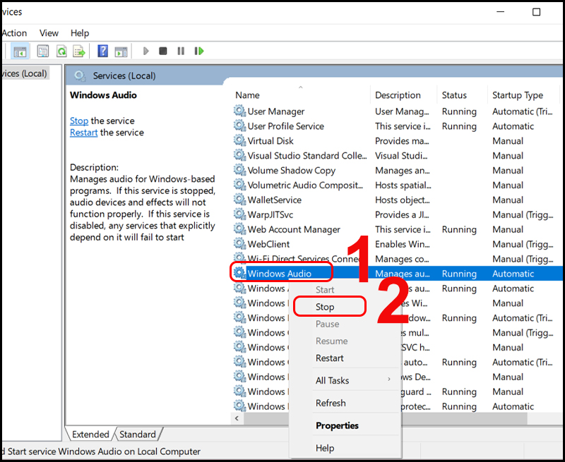 Chọn Stop sau khi nhấn chuột phải vào Windows Audio