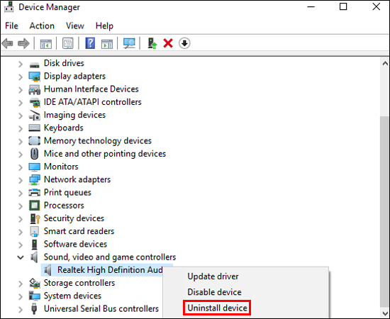Nhấn chuột phải Realtek, High Definition Audio Device và chọn Uninstall device.