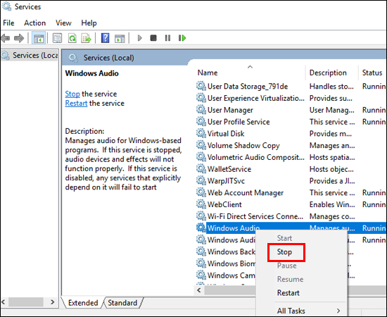 Kích chuột phải vào Windows Audio chọn Stop