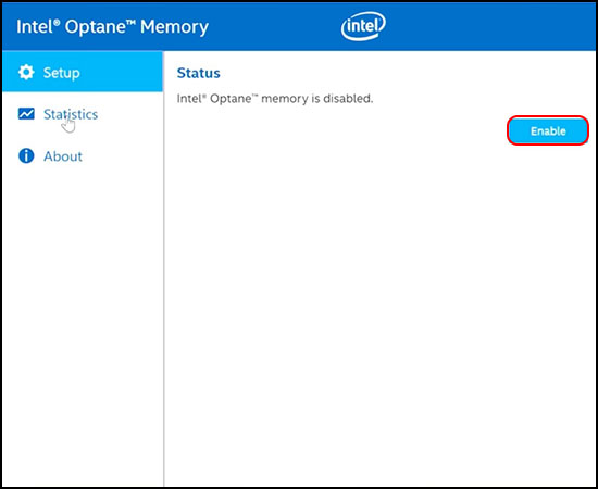 Cửa sổ Intel® Optane™ Memory xuất hiện và nhấn vào 
