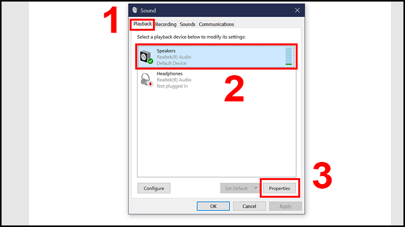 Chọn loa laptop của bạn rồi chọn Properties